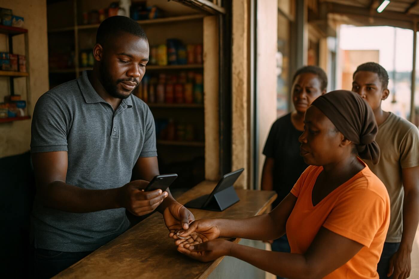 An agent serving a queue of customers at a busy service kiosk, phone in one hand and change in the other