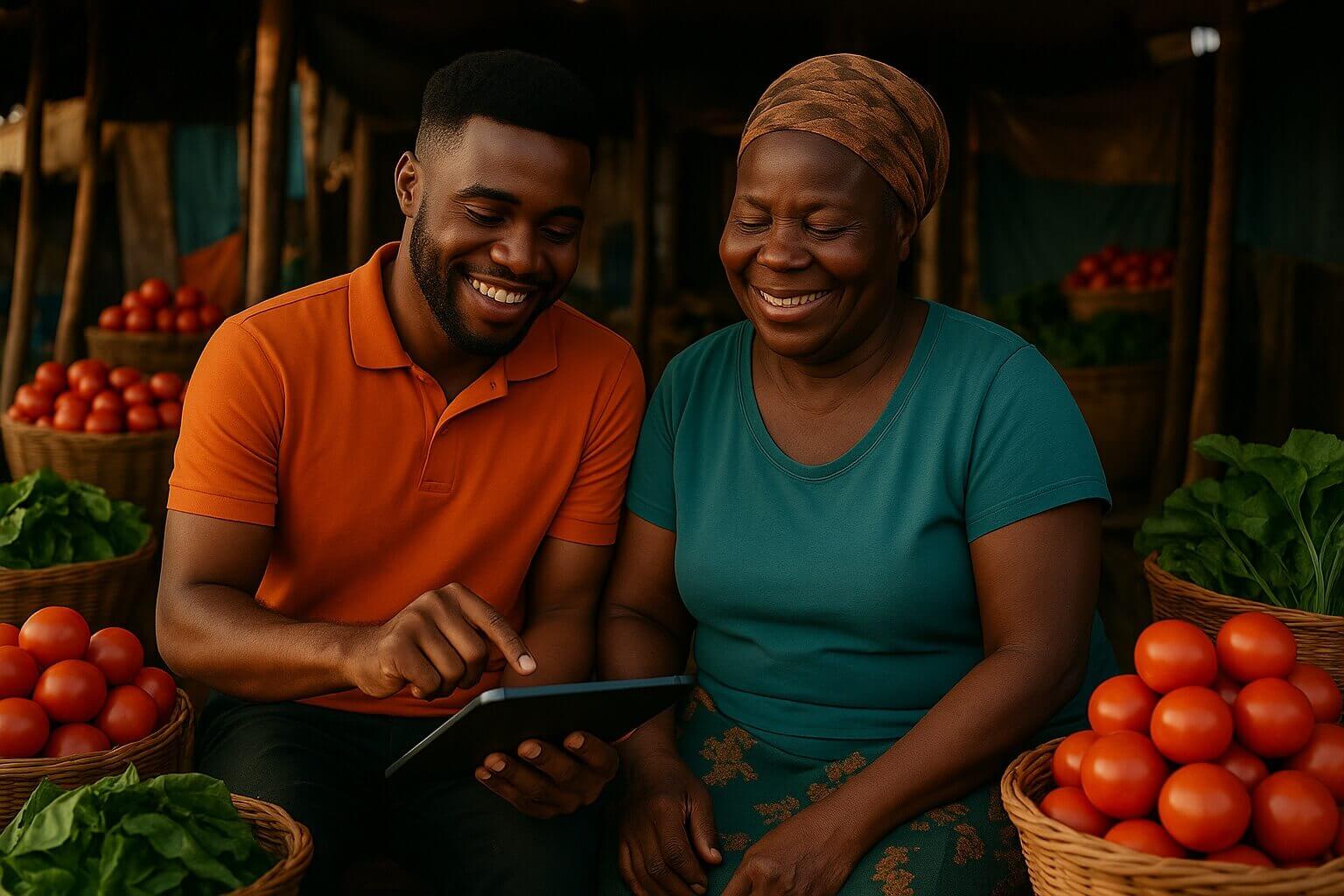 An agent shows a market trader how the app works on a tablet at her produce stall