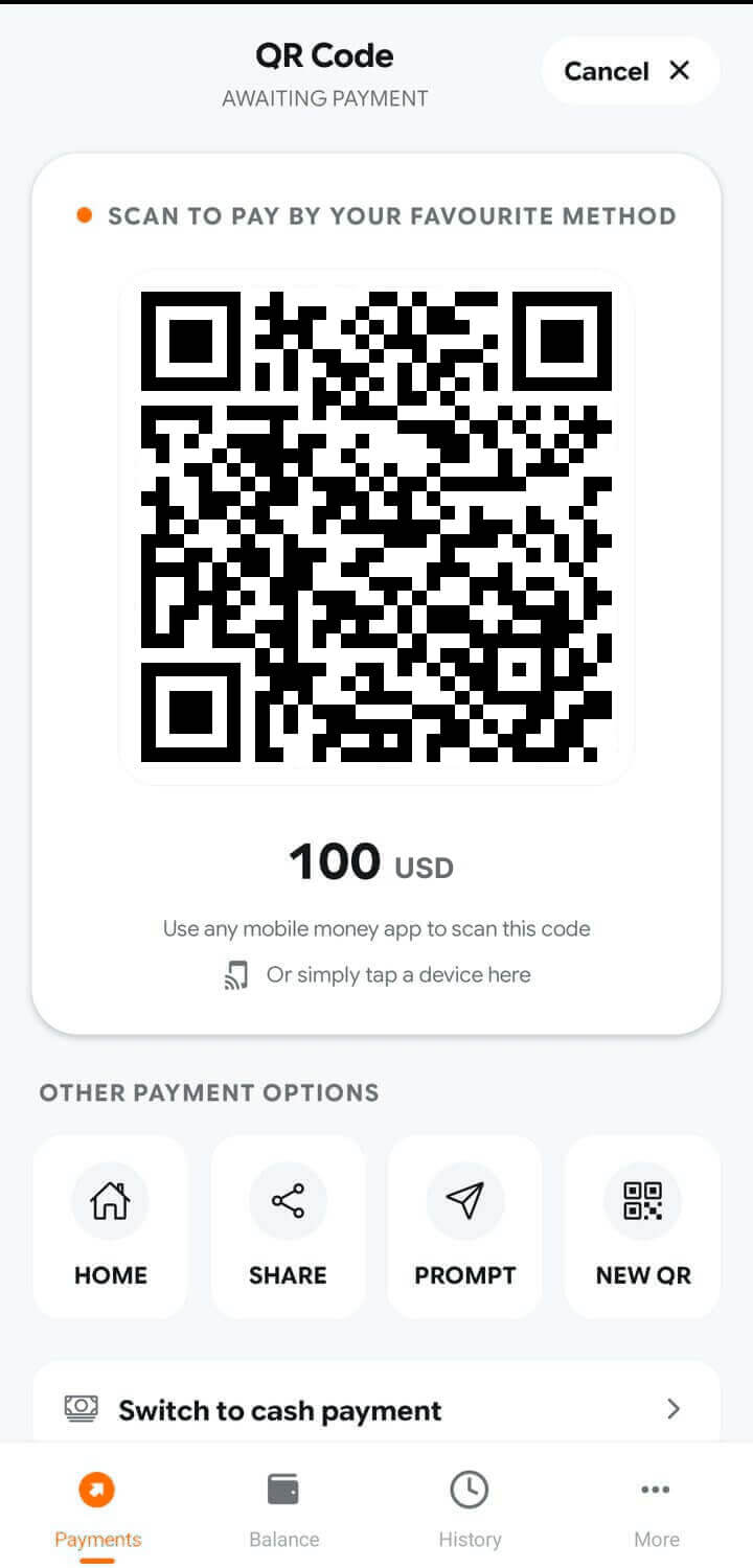 The app showing a QR code for the customer to scan