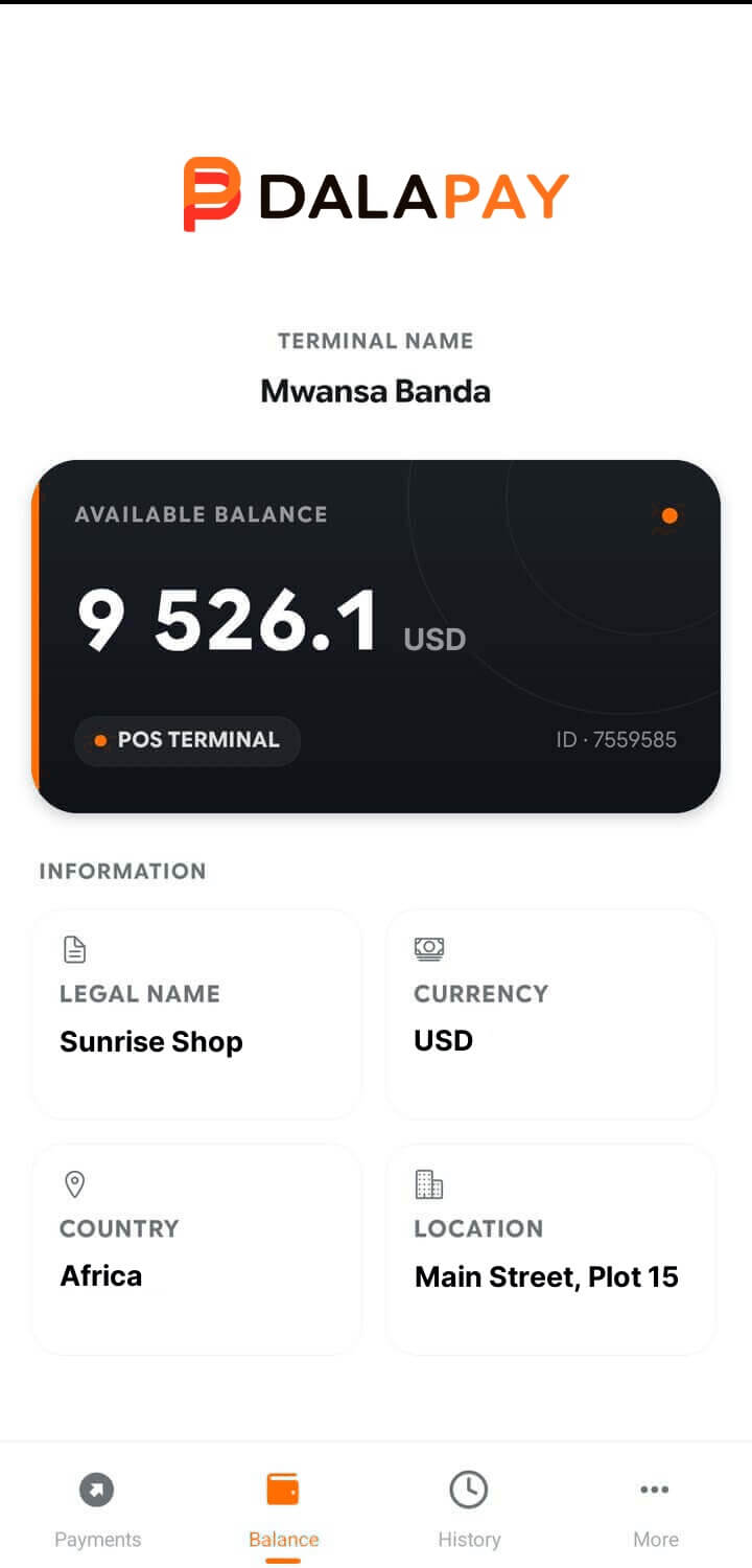 The Dalapay POS app showing the available balance