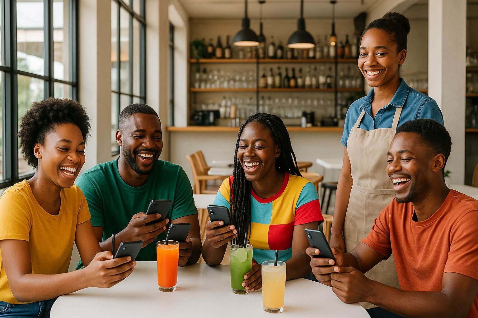 A table of guests in a café each paying from their own phone while the waitress watches