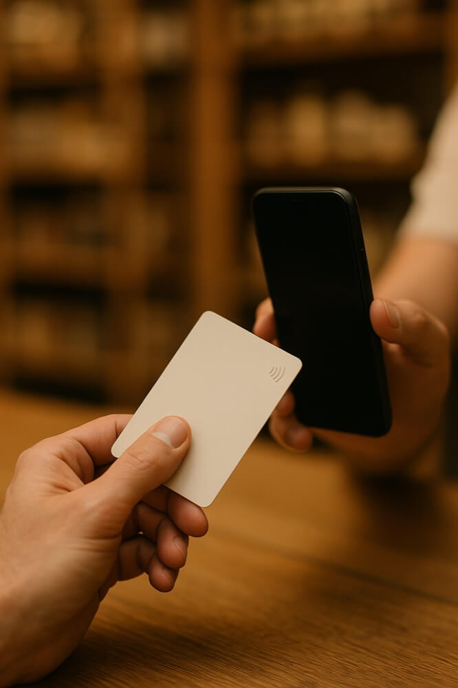 A customer taps their contactless card against the merchant's smartphone