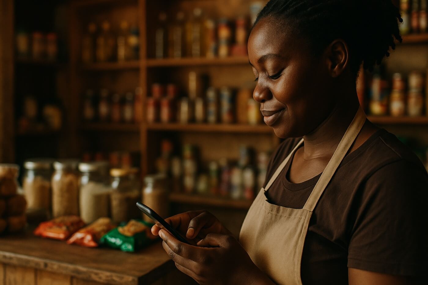 A shopkeeper at her counter checking a payment on her phone