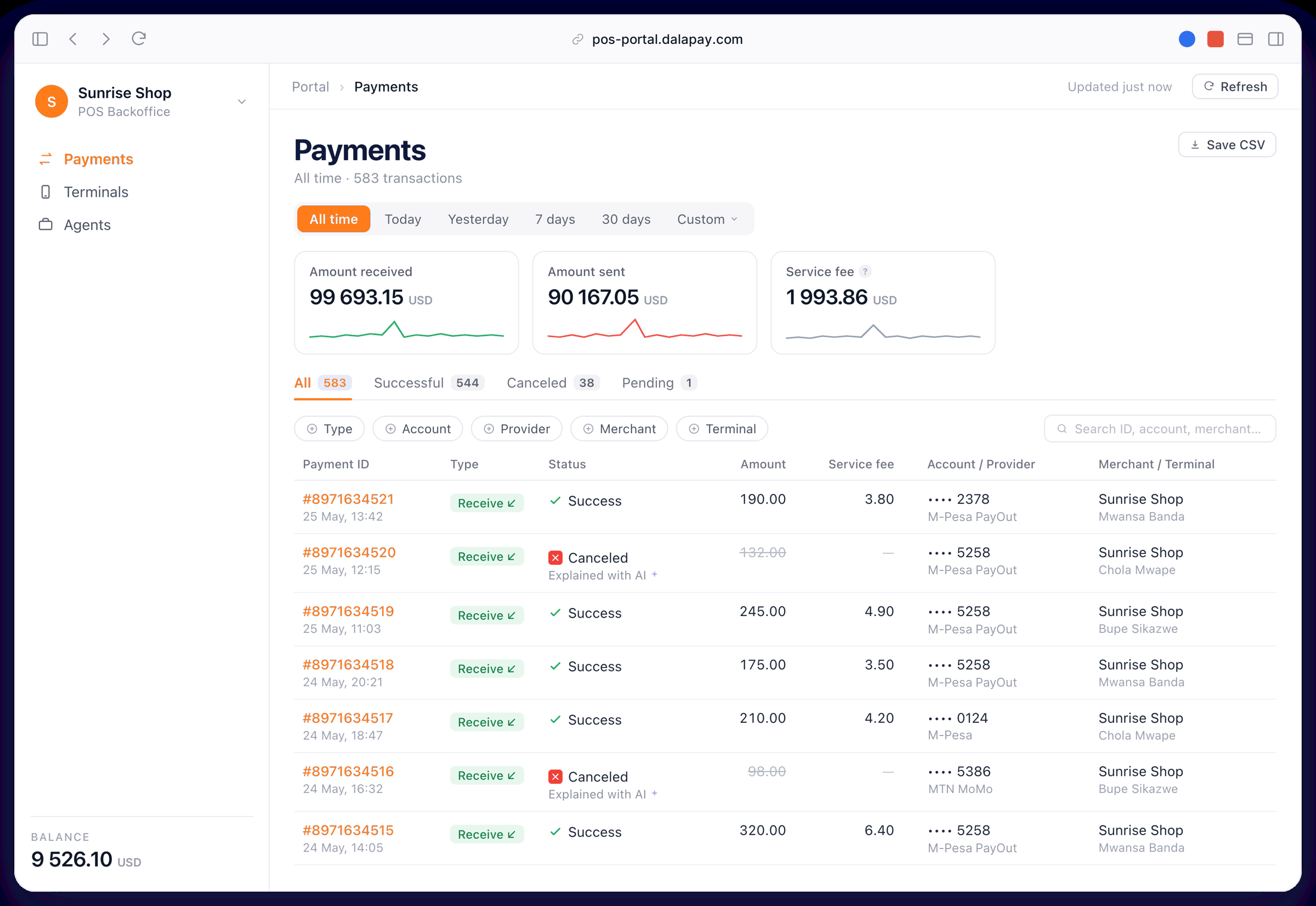 The dashboard listing every payment across all shops, with totals for money received, withdrawn and paid in fees