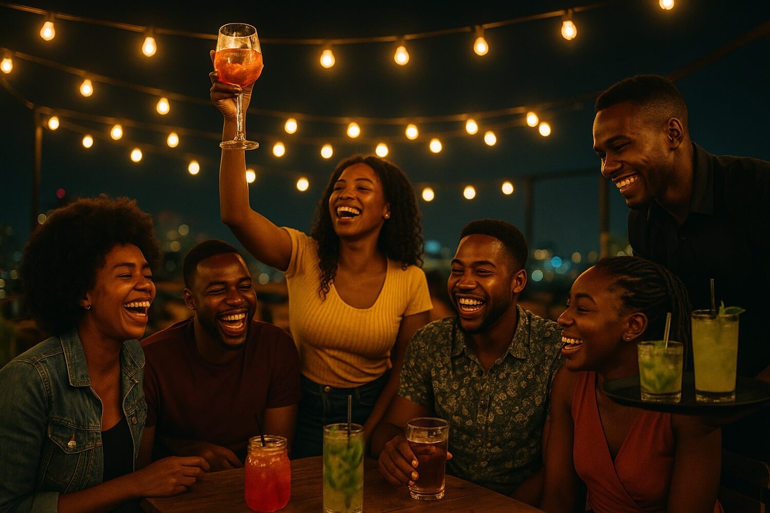 Friends celebrating on a rooftop bar terrace on a Friday night, raising their glasses under string lights