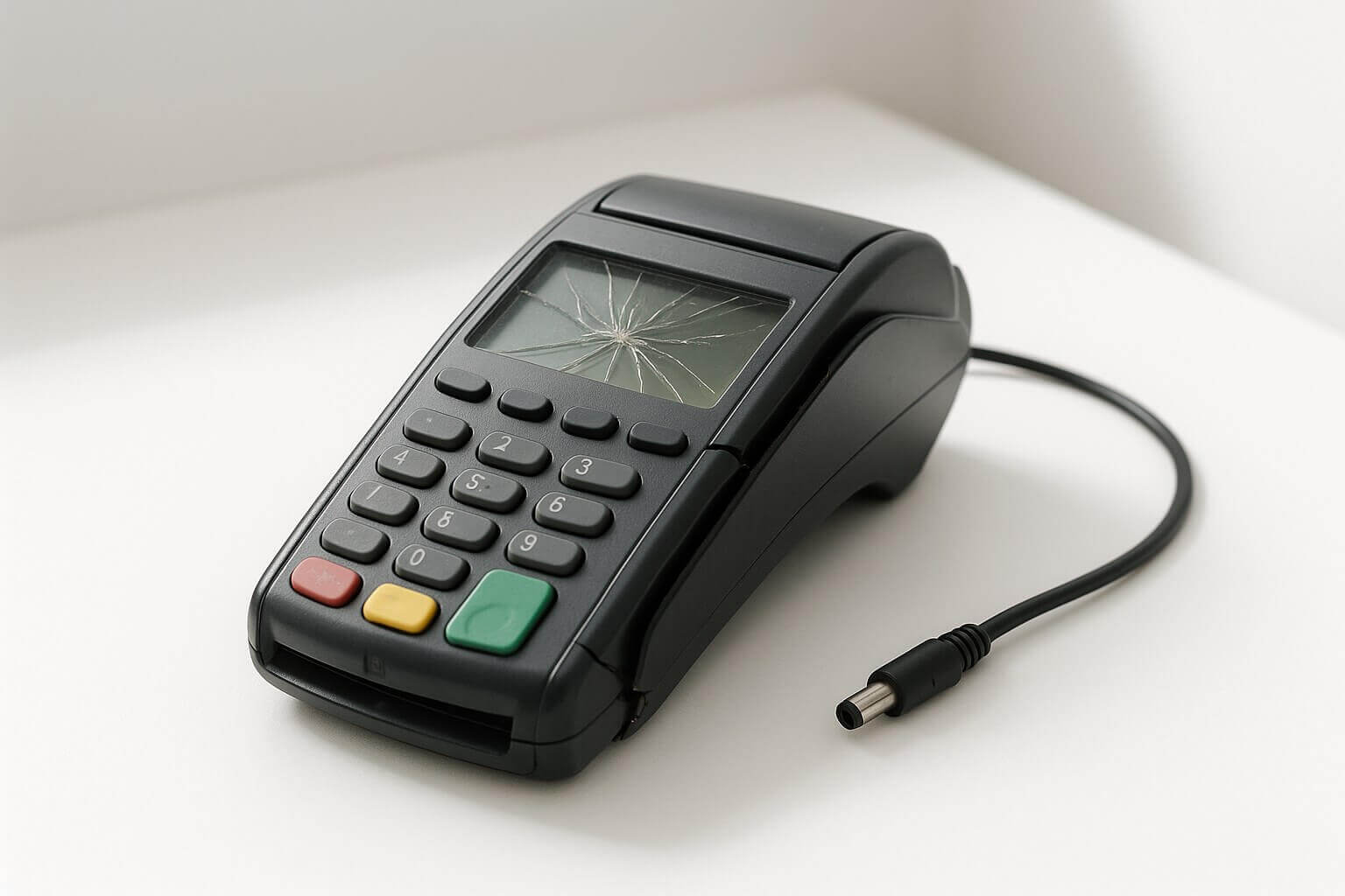 A card terminal sitting on a counter with its screen cracked and its cable unplugged